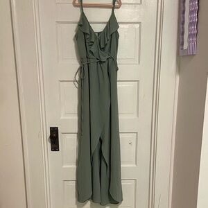 Paper crane fancy ruffled olive-sage green dress